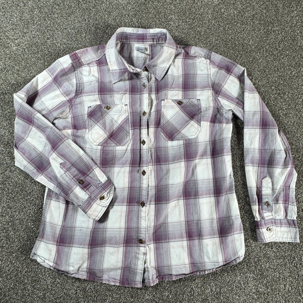 Carhartt Womens Plaid Flannel Shirt L Purple White Button Up Long Sleeve